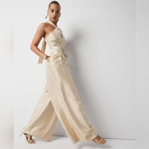 WHBM Champagne Gold Wide Leg Halter Jumpsuit wFront Pockets Cocktail Coquette
